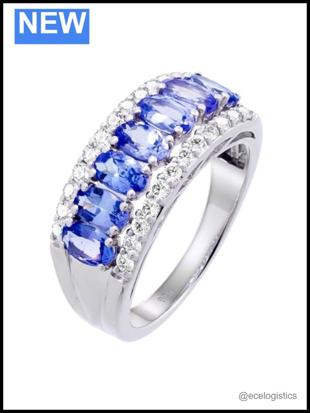 925 Sterling Silver Tanzanite Oval Cut Band Ring with White Zircon Gift Box
